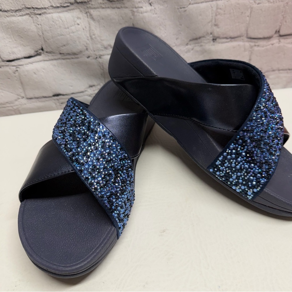 Fitflop Lulu  Navy Blue Beaded Crisscross Slide Sandals size 8 NWOT